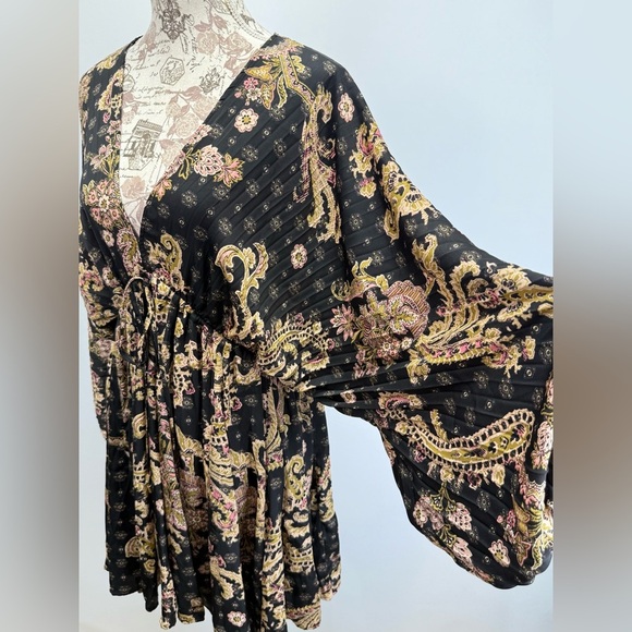 FREE PEOPLE Black and tan print ARZEL double V neckline mini dress size M - Picture 14 of 15